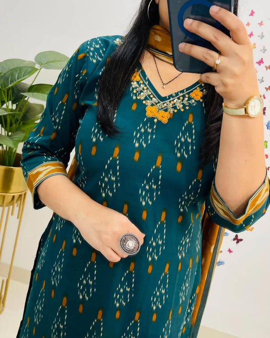 Teal Green Printed Kurta Set with Dupatta for Women | Embroidered Ethnic Wear Suit