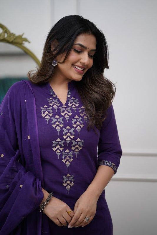 Royal Purple Mirror Work Kurta Set for Women with Palazzo & Dupatta – Festive Ethnic Wear