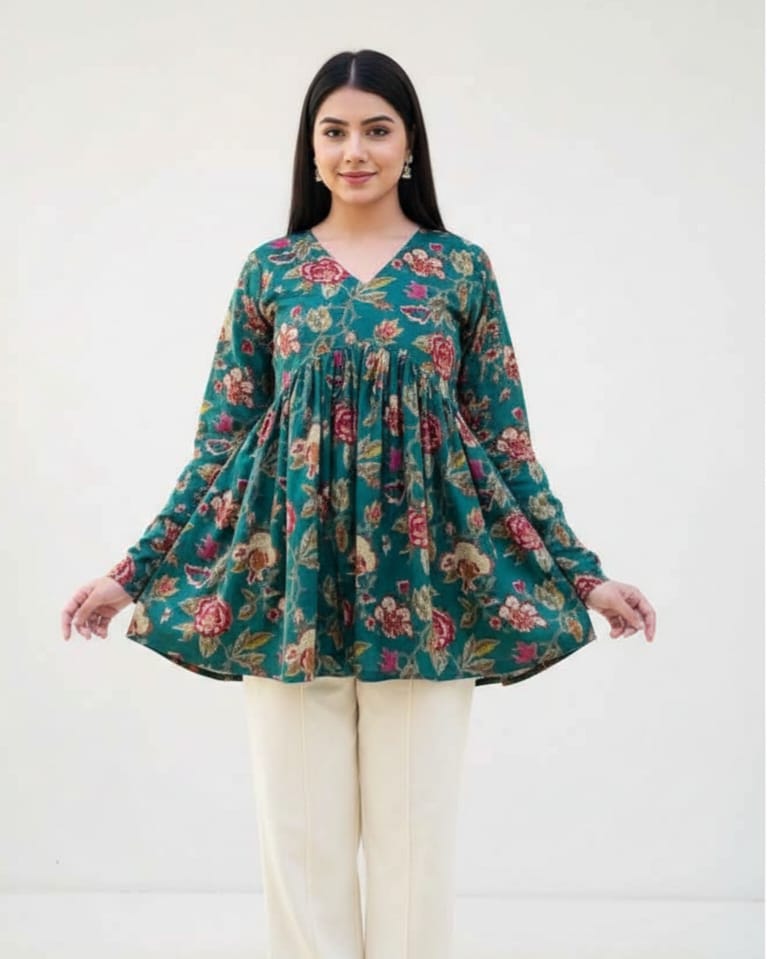 Teal Green Floral Printed Cotton Kurta Top for Women – Flowy A-Line Ethnic Wear