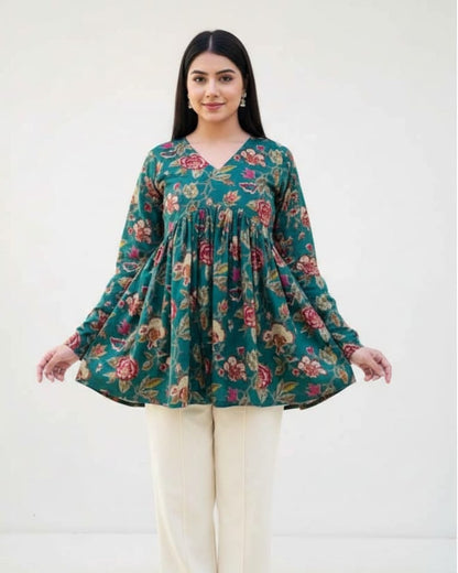 Teal Green Floral Printed Cotton Kurta Top for Women – Flowy A-Line Ethnic Wear
