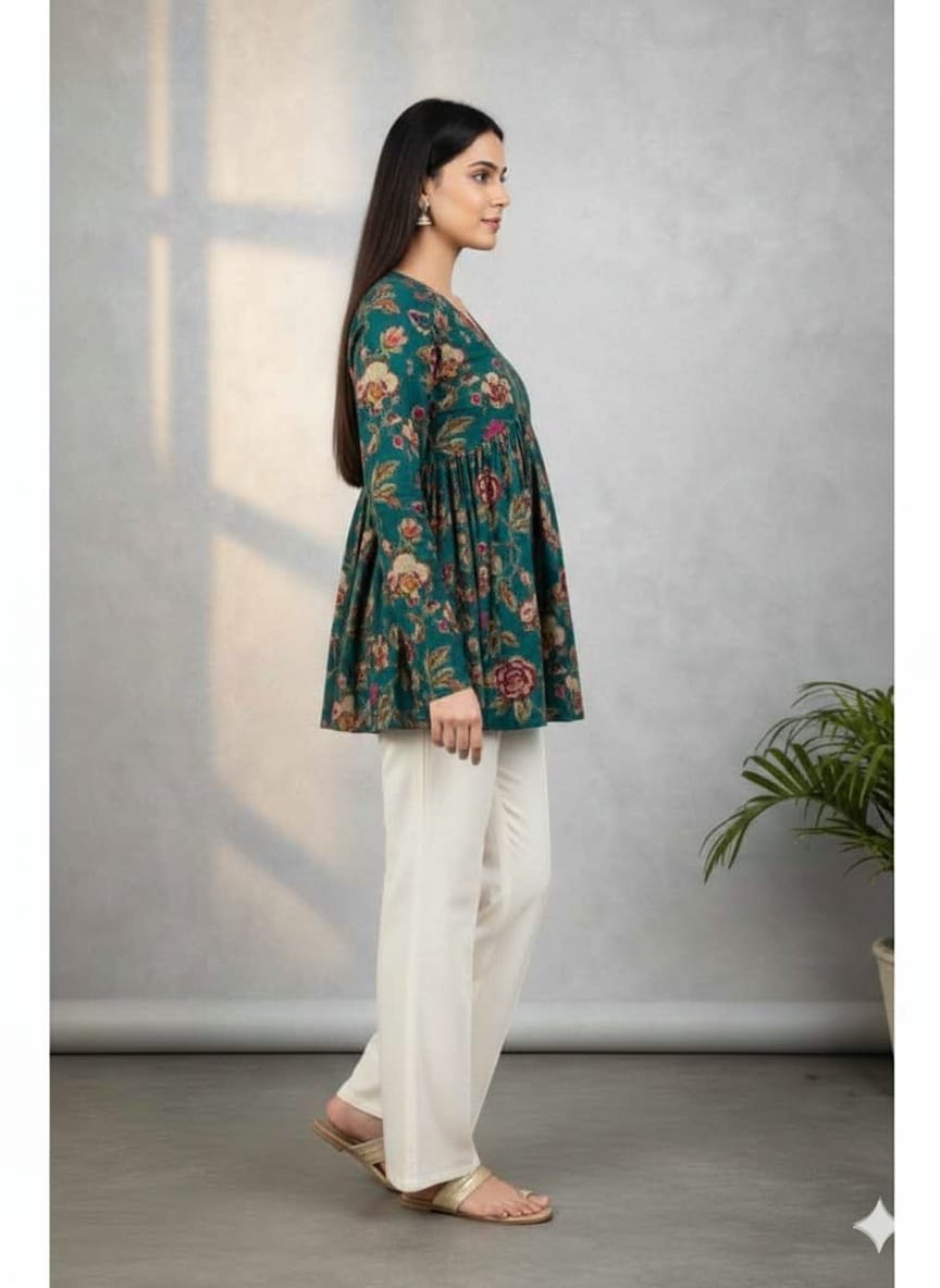 Teal Green Floral Printed Cotton Kurta Top for Women – Flowy A-Line Ethnic Wear