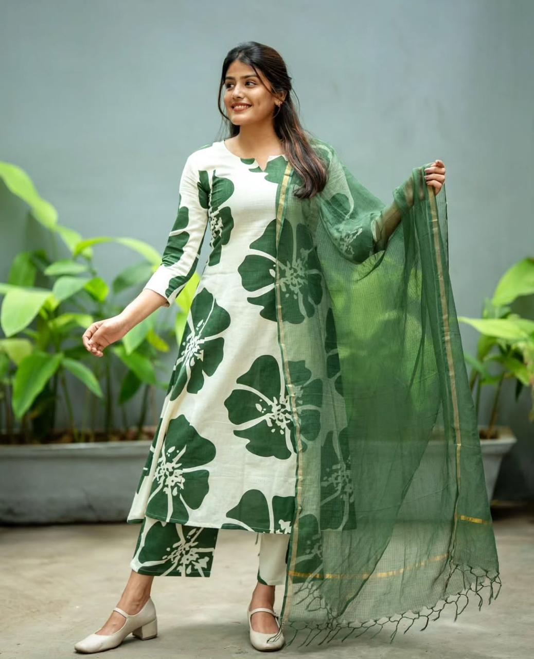 Green Floral Printed Kurta Set with Dupatta for Women | Elegant Ethnic Wear Suit