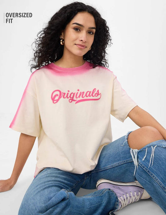 Women’s Oversized Cream & Pink T-Shirt – “Originals” Printed Cotton Tee