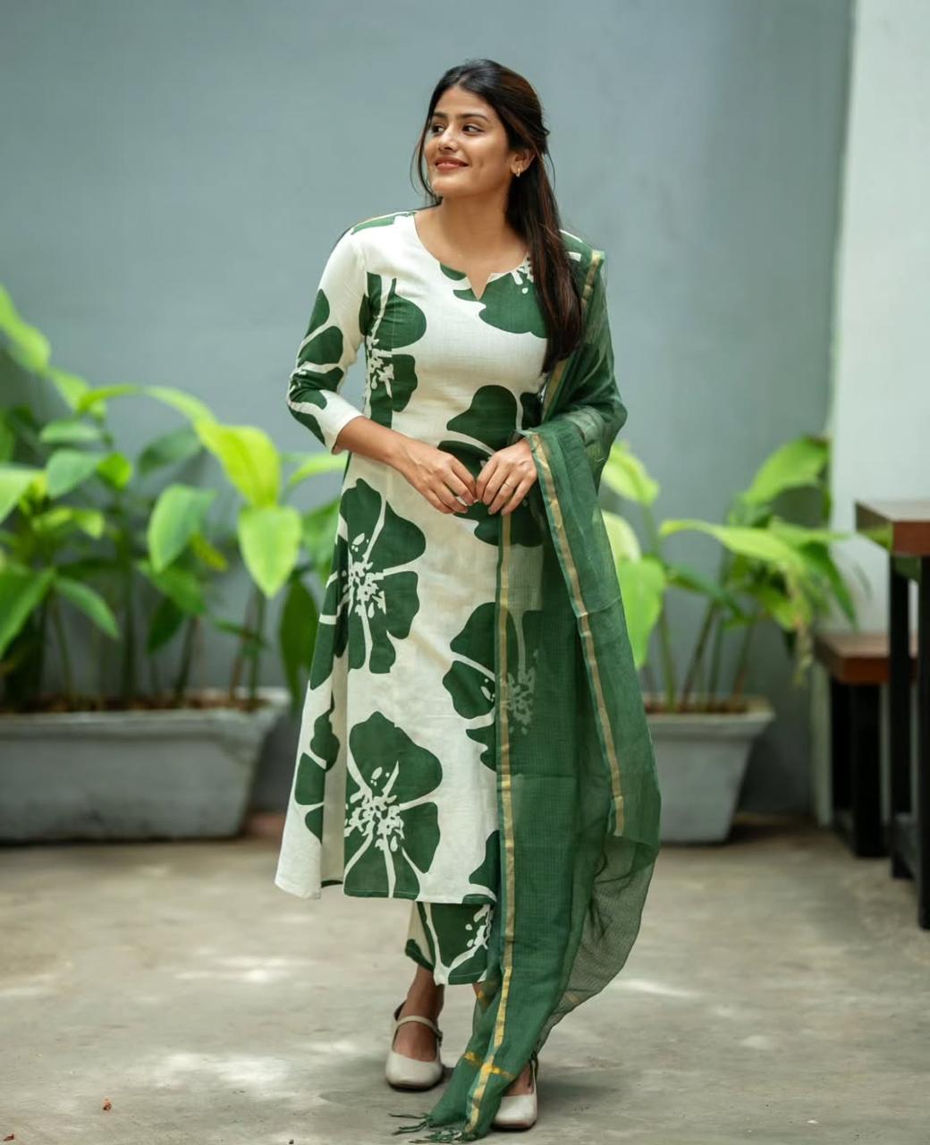Green Floral Printed Kurta Set with Dupatta for Women | Elegant Ethnic Wear Suit