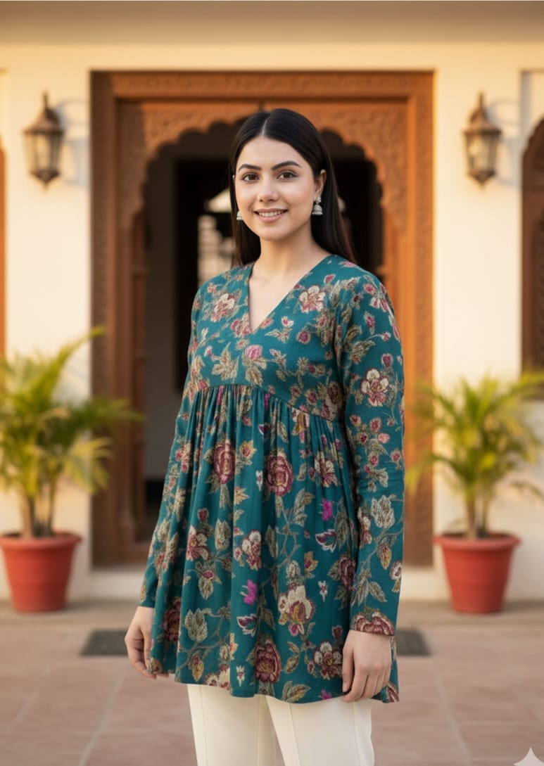 Teal Green Floral Printed Cotton Kurta Top for Women – Flowy A-Line Ethnic Wear
