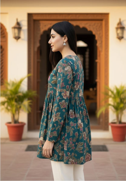 Teal Green Floral Printed Cotton Kurta Top for Women – Flowy A-Line Ethnic Wear
