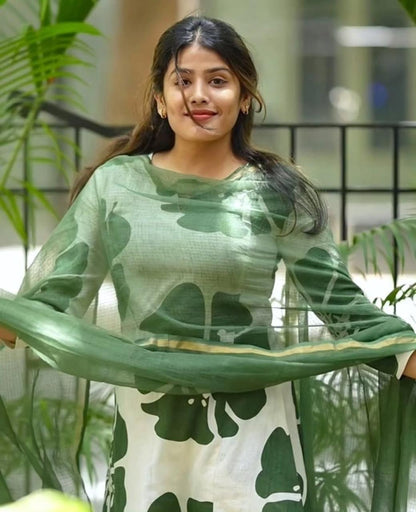 Green Floral Printed Kurta Set with Dupatta for Women | Elegant Ethnic Wear Suit