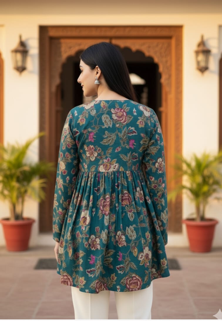 Teal Green Floral Printed Cotton Kurta Top for Women – Flowy A-Line Ethnic Wear