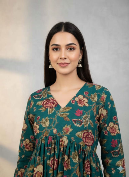 Teal Green Floral Printed Cotton Kurta Top for Women – Flowy A-Line Ethnic Wear