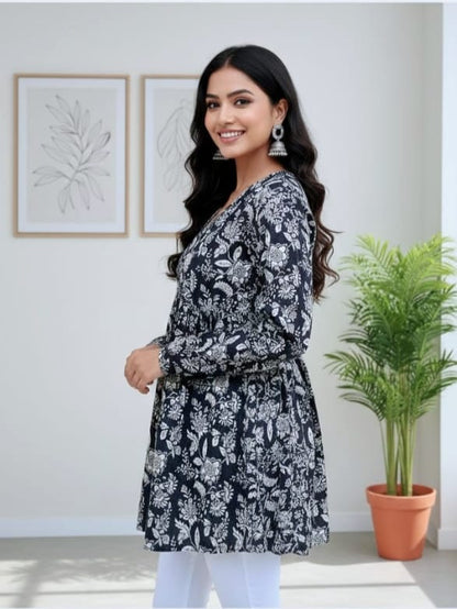 Navy Blue Floral Printed Cotton Kurta Top for Women – Elegant V-Neck Ethnic Wear