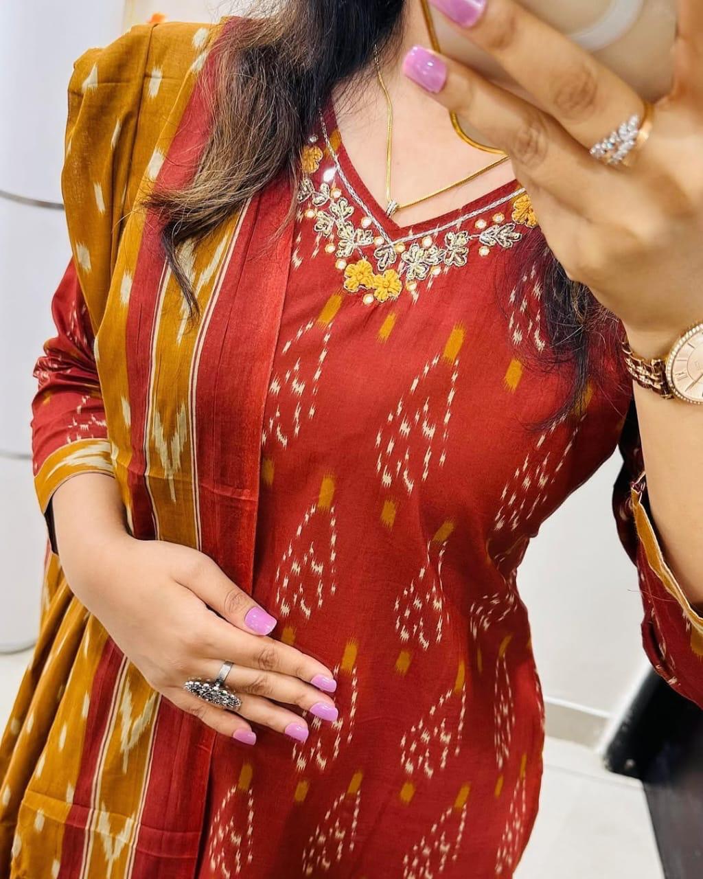 Maroon & Mustard Printed Kurta Set with Dupatta for Women | Traditional Ethnic Wear Suit