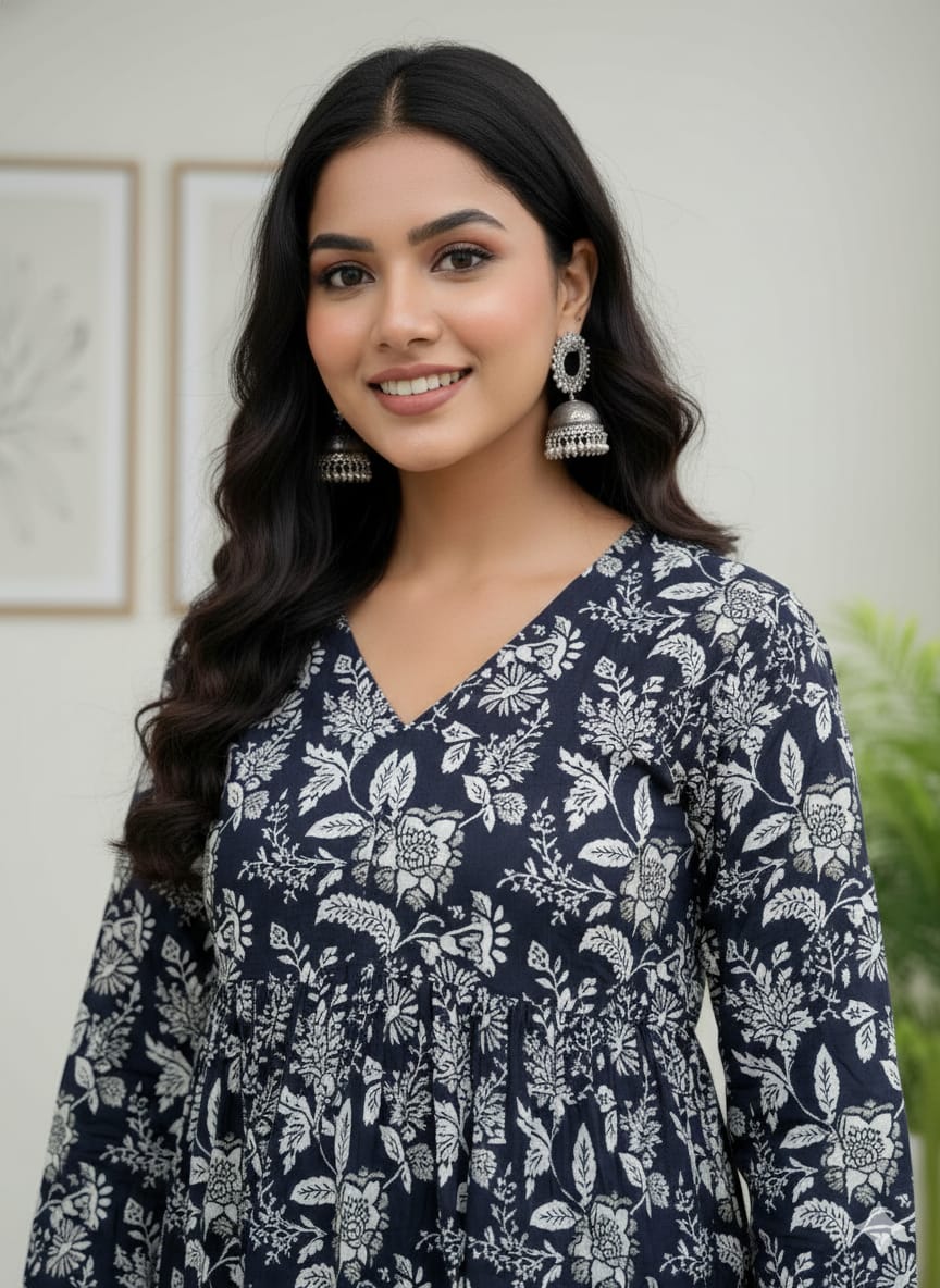 Navy Blue Floral Printed Cotton Kurta Top for Women – Elegant V-Neck Ethnic Wear