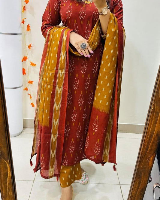Maroon & Mustard Printed Kurta Set with Dupatta for Women | Traditional Ethnic Wear Suit