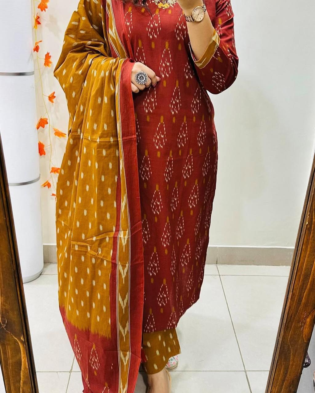 Maroon & Mustard Printed Kurta Set with Dupatta for Women | Traditional Ethnic Wear Suit