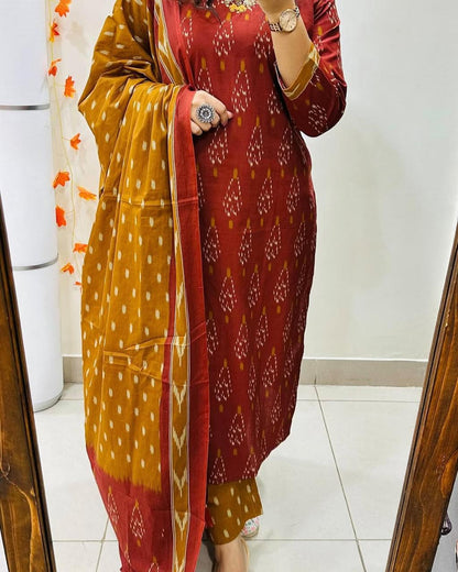 Maroon & Mustard Printed Kurta Set with Dupatta for Women | Traditional Ethnic Wear Suit