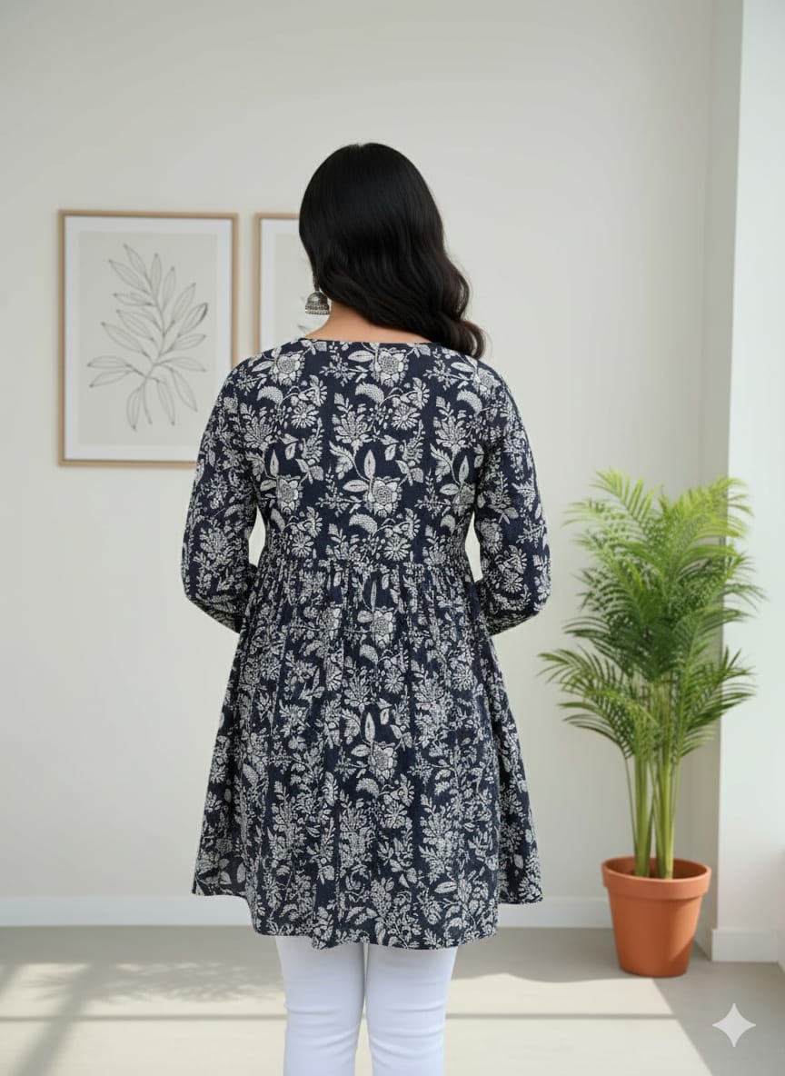 Navy Blue Floral Printed Cotton Kurta Top for Women – Elegant V-Neck Ethnic Wear