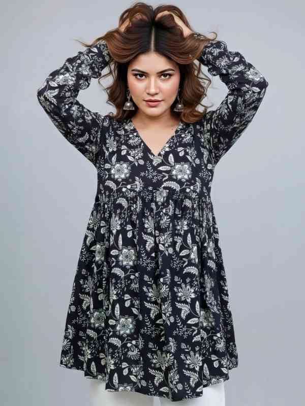 Navy Blue Floral Printed Cotton Kurta Top for Women – Elegant V-Neck Ethnic Wear