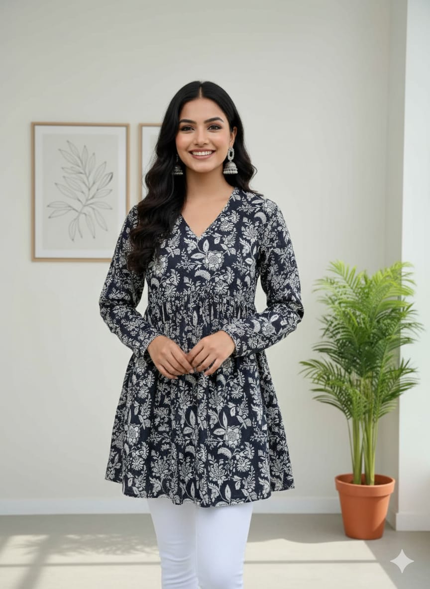 Navy Blue Floral Printed Cotton Kurta Top for Women – Elegant V-Neck Ethnic Wear