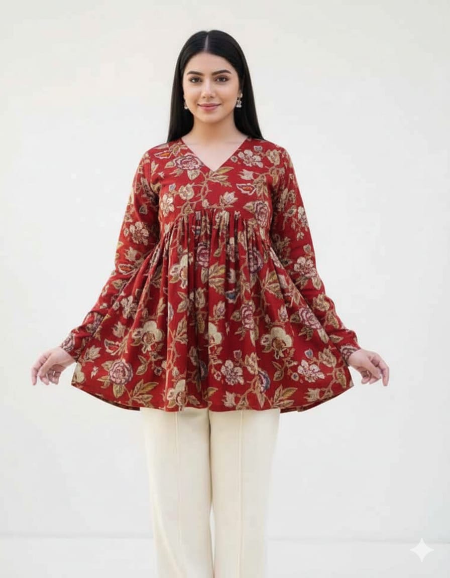 Red Floral Printed Cotton Kurta Top for Women – Flowy V-Neck Ethnic Wear