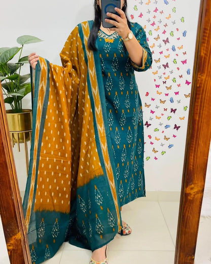 Teal Green Printed Kurta Set with Dupatta for Women | Embroidered Ethnic Wear Suit