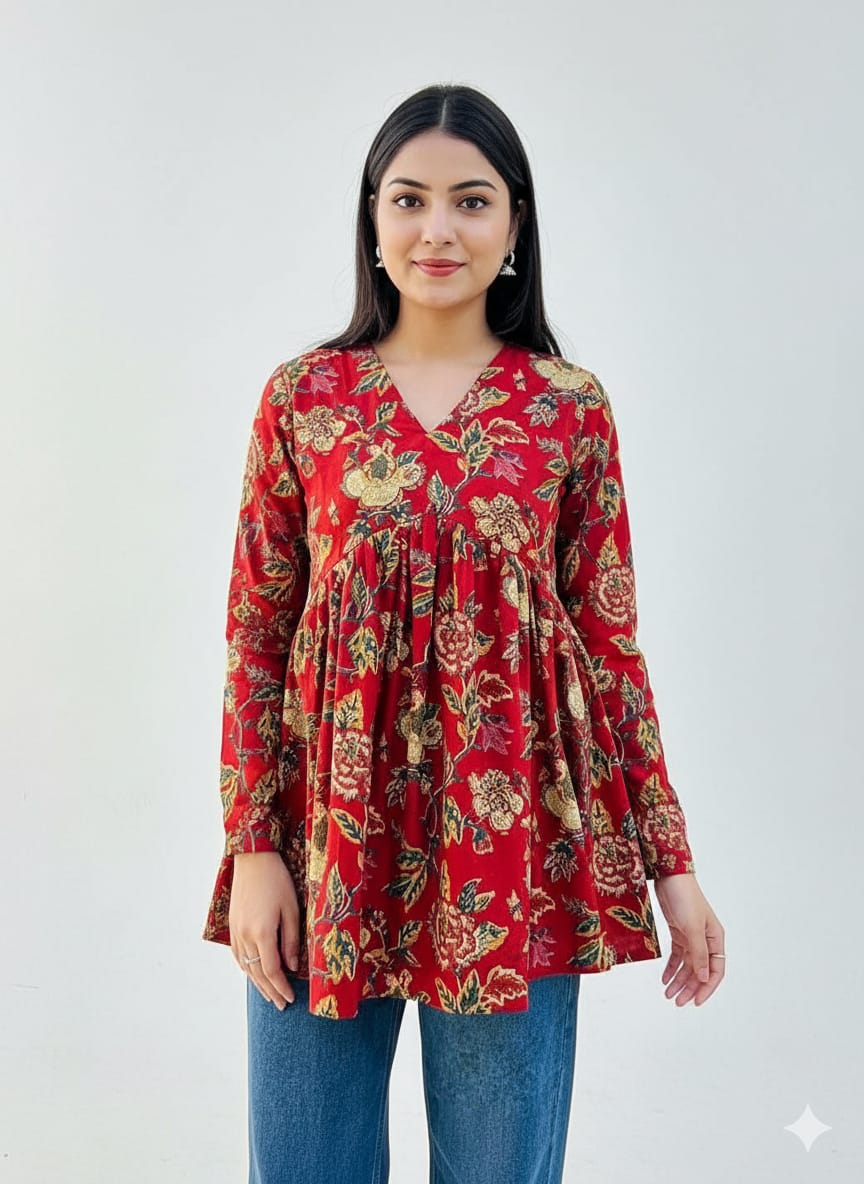 Red Floral Printed Cotton Kurta Top for Women – Flowy V-Neck Ethnic Wear