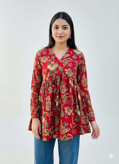 Red Floral Printed Cotton Kurta Top for Women – Flowy V-Neck Ethnic Wear
