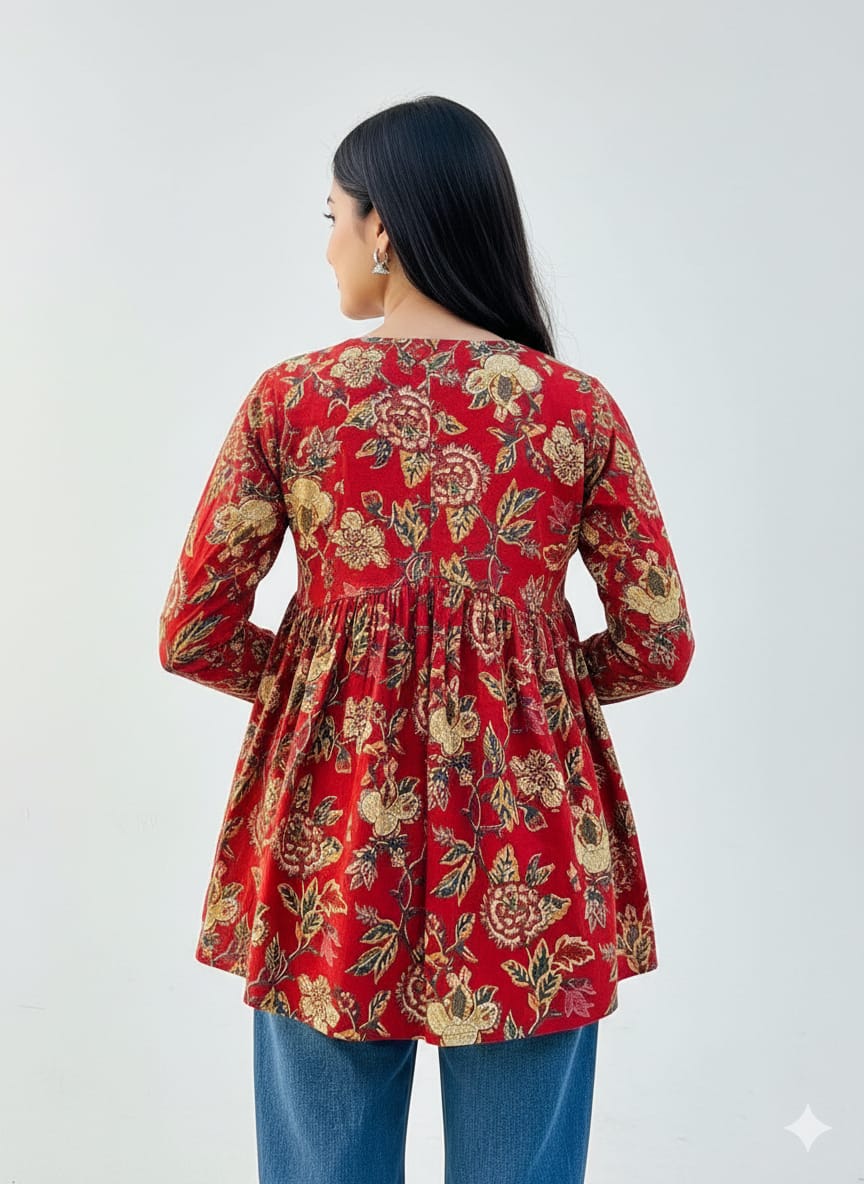 Red Floral Printed Cotton Kurta Top for Women – Flowy V-Neck Ethnic Wear