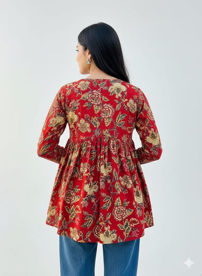 Red Floral Printed Cotton Kurta Top for Women – Flowy V-Neck Ethnic Wear