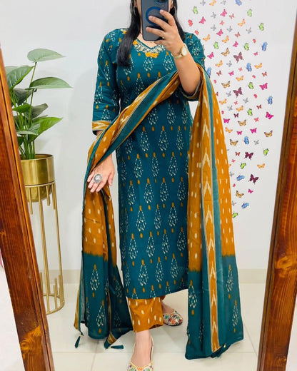 Teal Green Printed Kurta Set with Dupatta for Women | Embroidered Ethnic Wear Suit