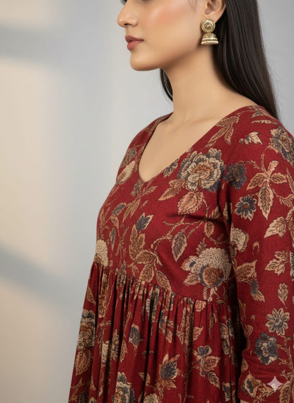 Red Floral Printed Cotton Kurta Top for Women – Flowy V-Neck Ethnic Wear