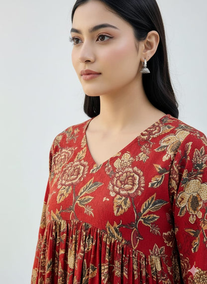 Red Floral Printed Cotton Kurta Top for Women – Flowy V-Neck Ethnic Wear