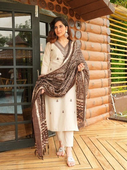 Cream & Brown Ethnic Printed Kurta Set with Dupatta for Women | Classic Traditional Wear
