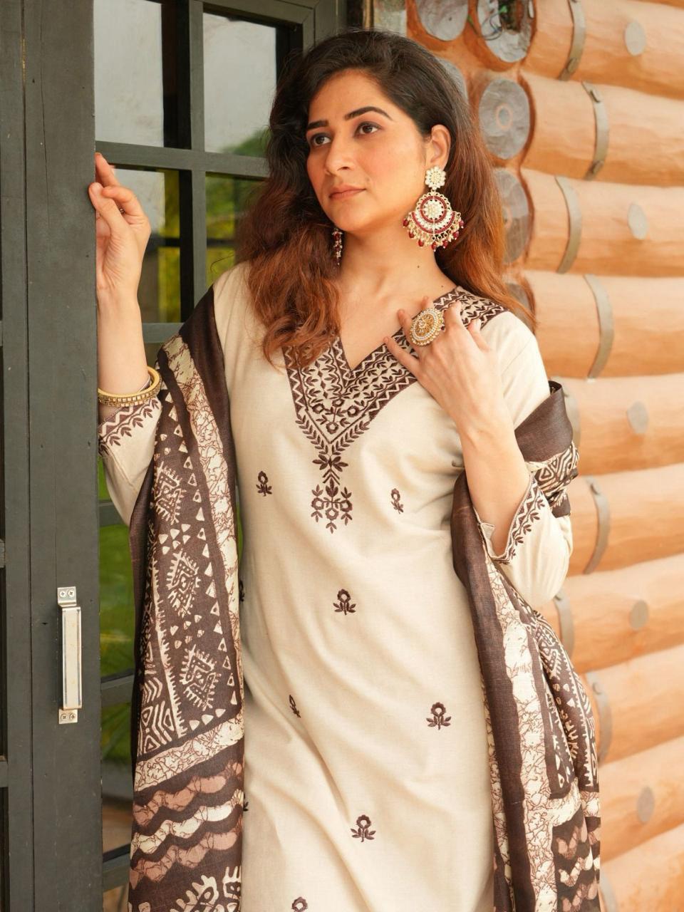 Cream & Brown Ethnic Printed Kurta Set with Dupatta for Women | Classic Traditional Wear