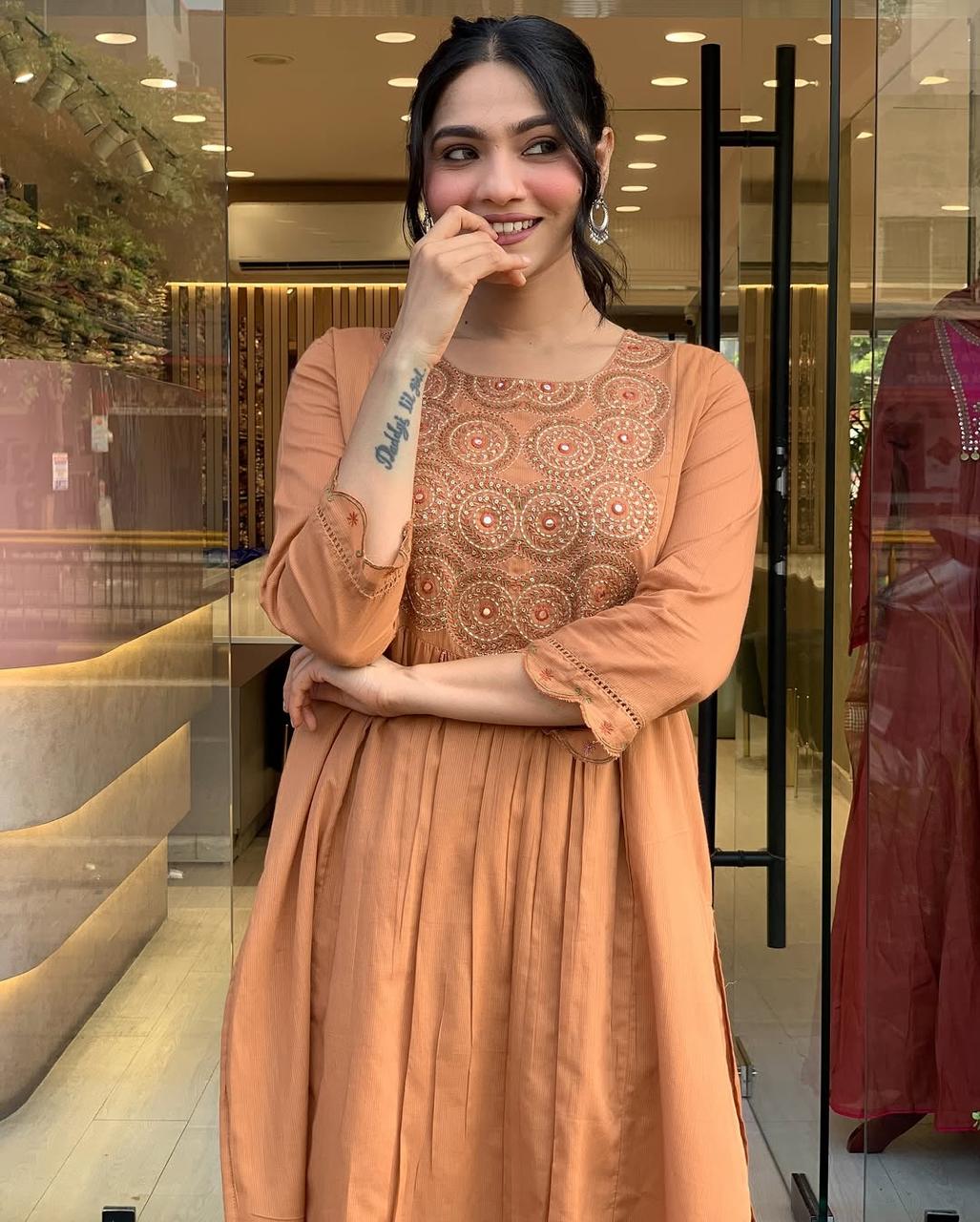 Peach Embroidered Anarkali Kurti for Women | Elegant Festive & Party Wear Kurta