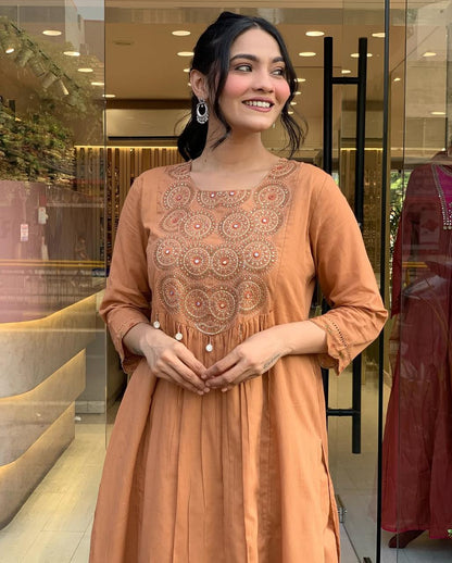 Peach Embroidered Anarkali Kurti for Women | Elegant Festive & Party Wear Kurta