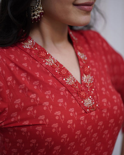 Brick Red Cotton Suit Set for Women with Dupatta – Printed Ethnic Wear