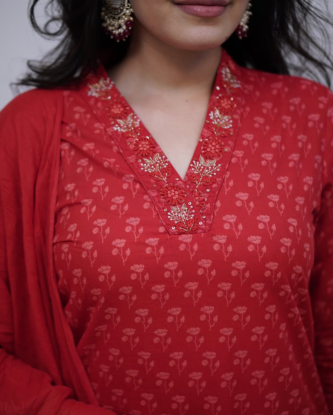Brick Red Cotton Suit Set for Women with Dupatta – Printed Ethnic Wear