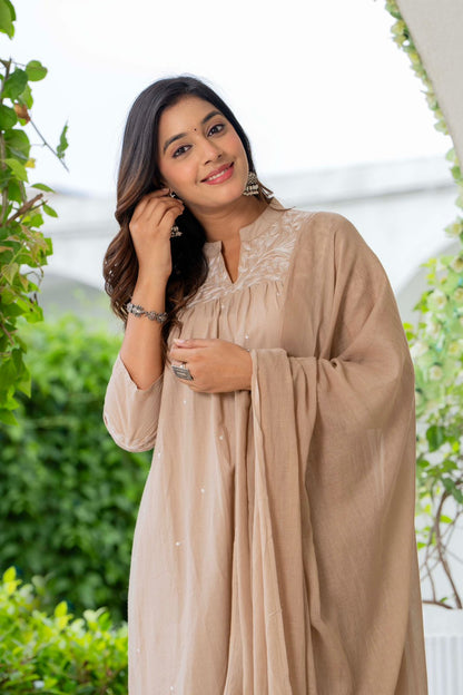 Beige Cotton Embroidered Kurta Set for Women with Dupatta – Elegant Ethnic Wear