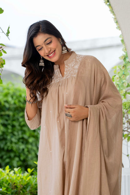 Beige Cotton Embroidered Kurta Set for Women with Dupatta – Elegant Ethnic Wear