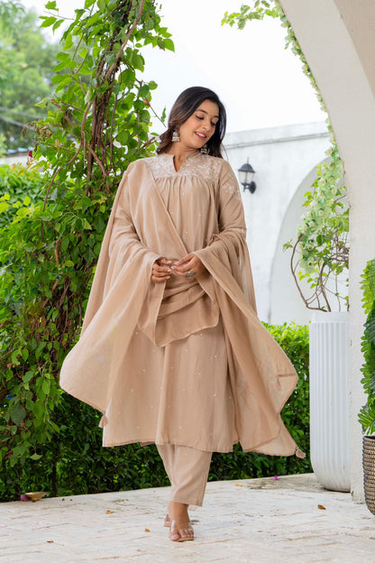 Beige Cotton Embroidered Kurta Set for Women with Dupatta – Elegant Ethnic Wear