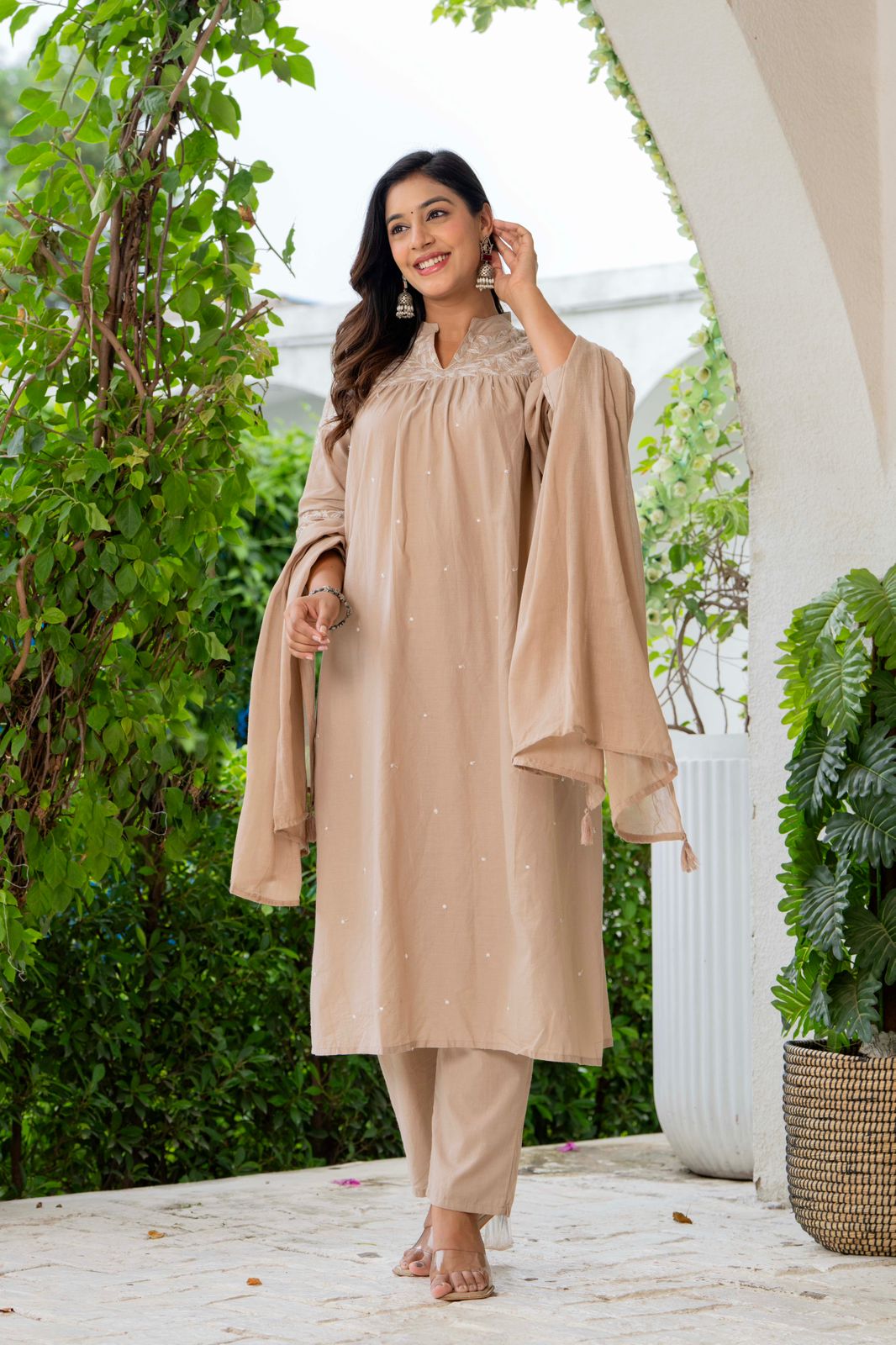 Beige Cotton Embroidered Kurta Set for Women with Dupatta – Elegant Ethnic Wear