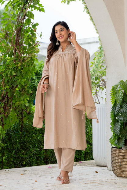Beige Cotton Embroidered Kurta Set for Women with Dupatta – Elegant Ethnic Wear