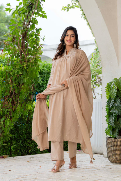 Beige Cotton Embroidered Kurta Set for Women with Dupatta – Elegant Ethnic Wear