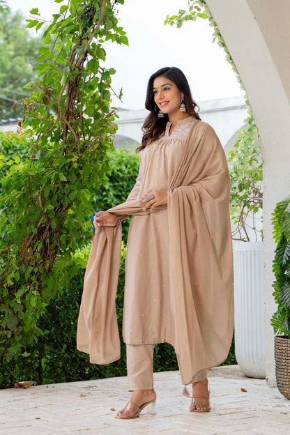 Beige Cotton Embroidered Kurta Set for Women with Dupatta – Elegant Ethnic Wear