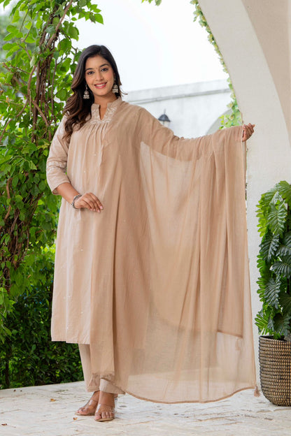 Beige Cotton Embroidered Kurta Set for Women with Dupatta – Elegant Ethnic Wear