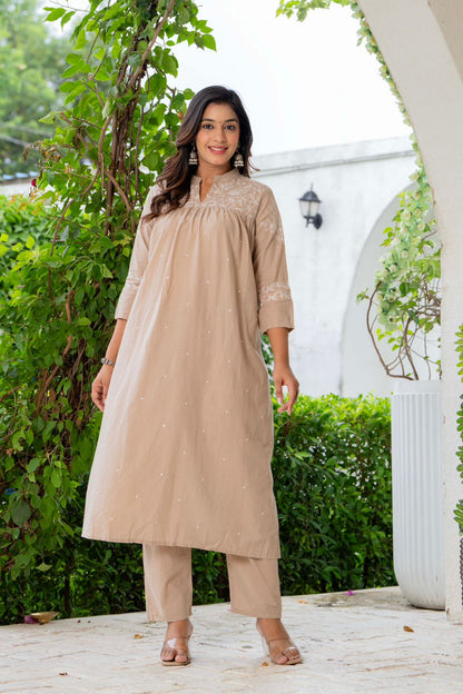 Beige Cotton Embroidered Kurta Set for Women with Dupatta – Elegant Ethnic Wear