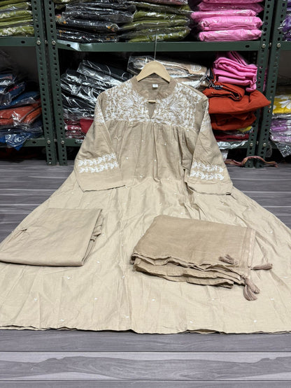 Beige Cotton Embroidered Kurta Set for Women with Dupatta – Elegant Ethnic Wear
