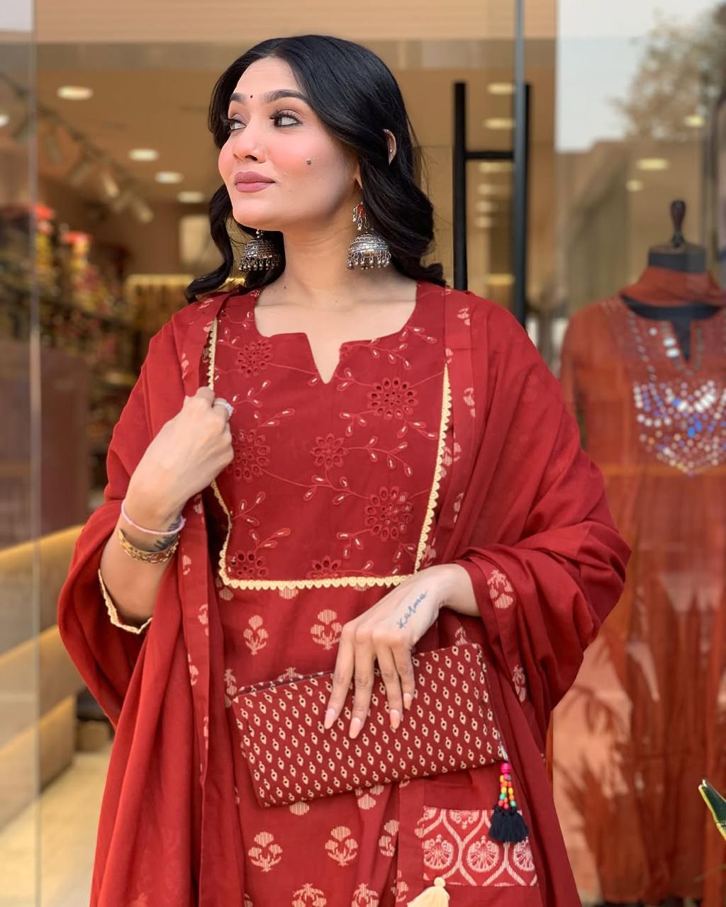 Beautiful pure cotton printed kurti pant dupatta set