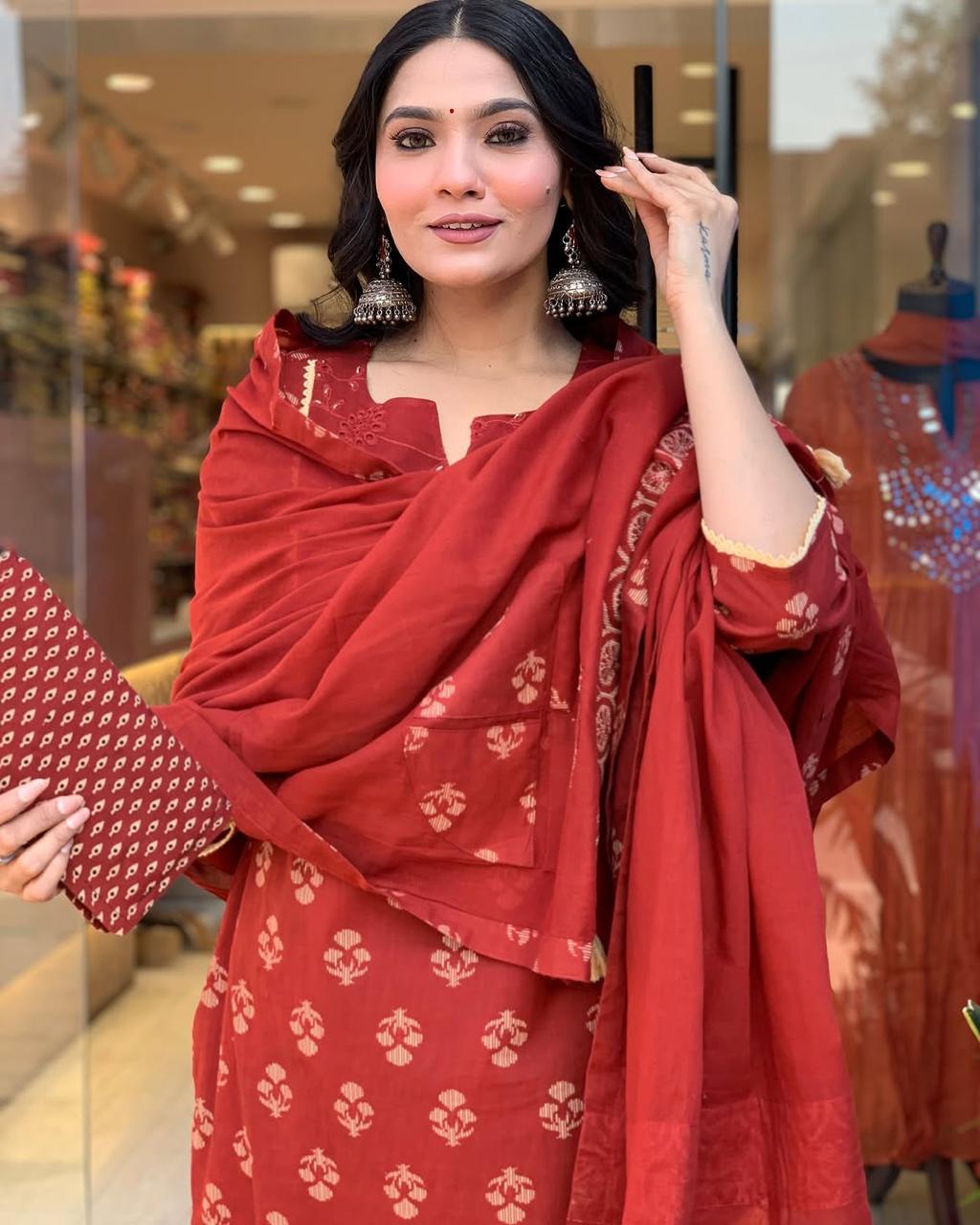 Beautiful pure cotton printed kurti pant dupatta set