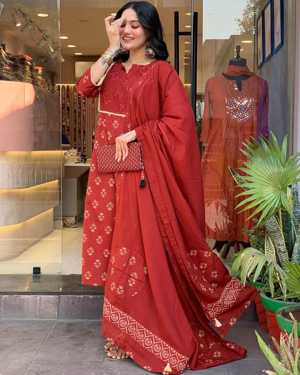 Beautiful pure cotton printed kurti pant dupatta set